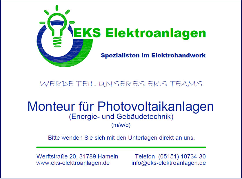 Photovoltaik und Elektrotechnik für den Raum Hameln von Ihrem Spezialisten für Elektro und Elektrotechnik aus Hameln: EKS Elektroanlagen in Hameln